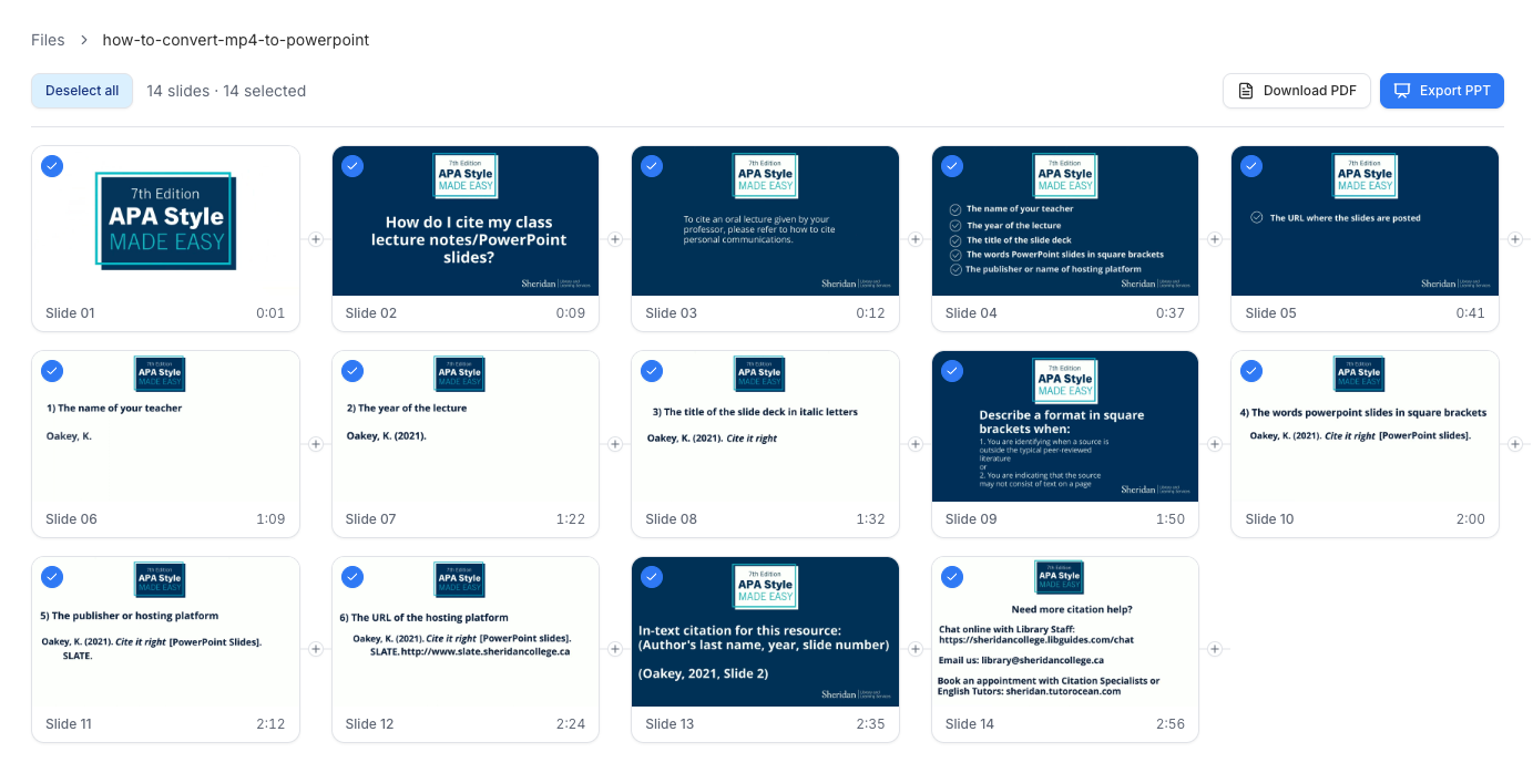 Fourteen final slides after AI detection and manual fine-tuning