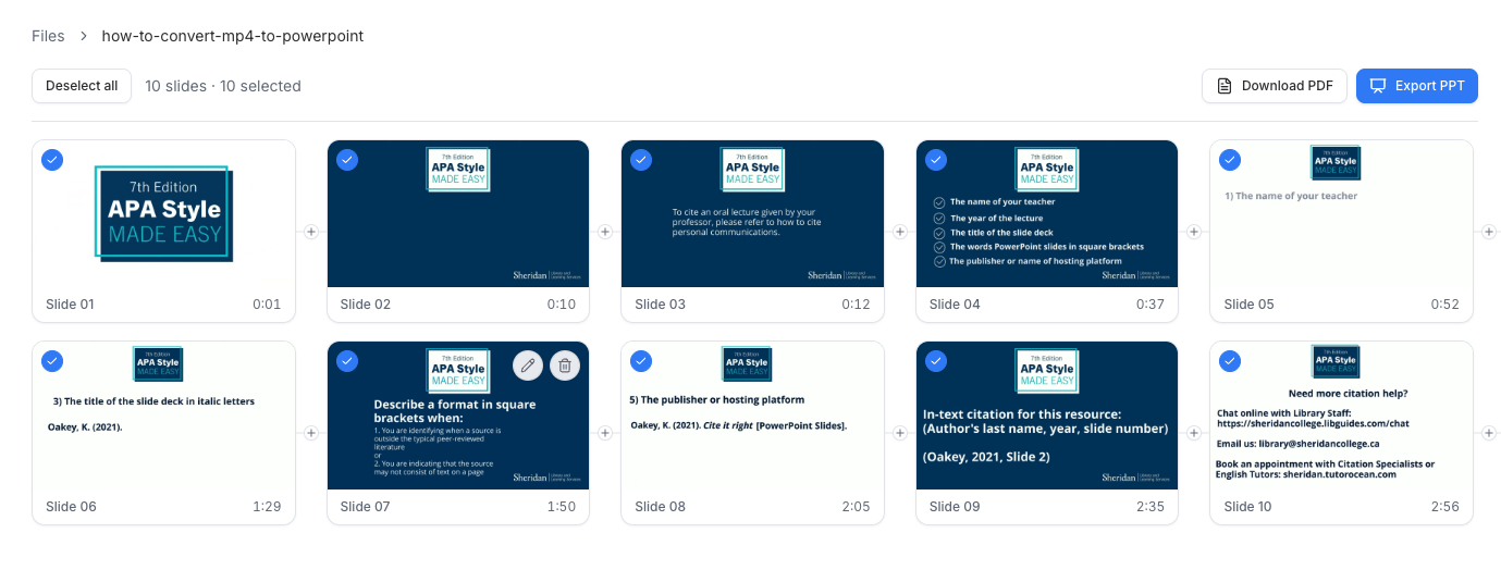 Edit and delete actions on an extracted slide