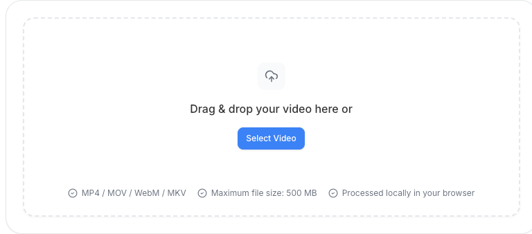 Video to PDF upload area supporting MP4, MOV, WebM, and MKV files up to 500 MB