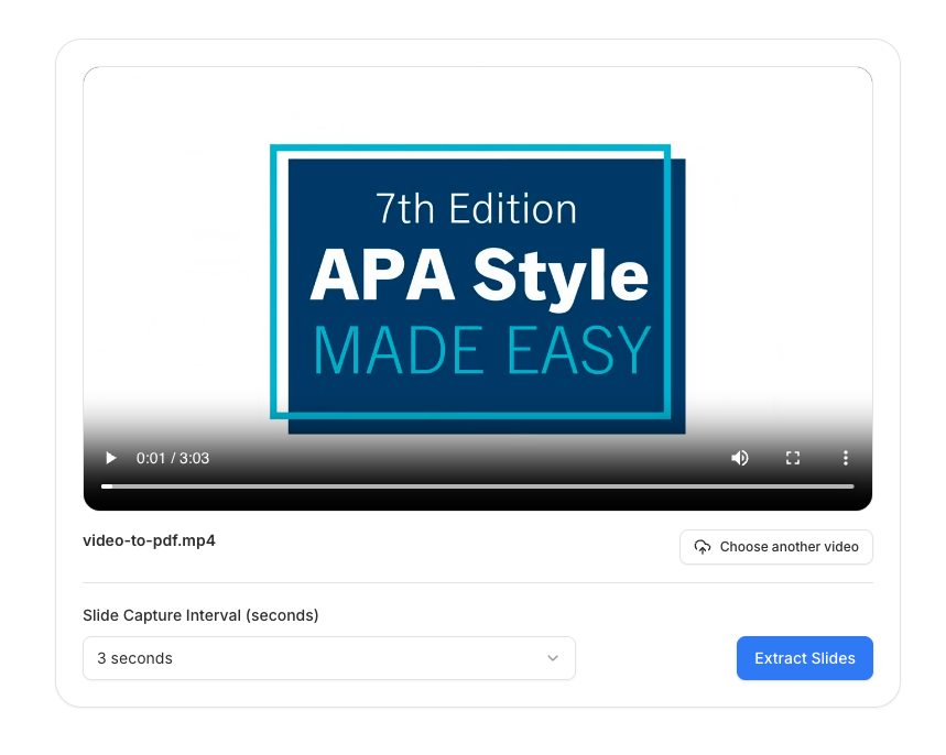 Three-minute presentation loaded in the video to PDF converter with a three-second capture interval