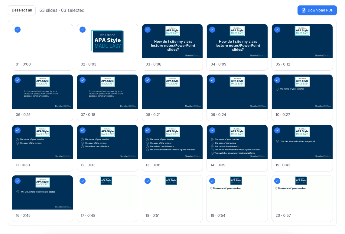 Review grid showing 63 selected video frames and the Download PDF button