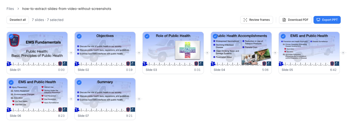 Seven distinct presentation slides produced by AI slide detection