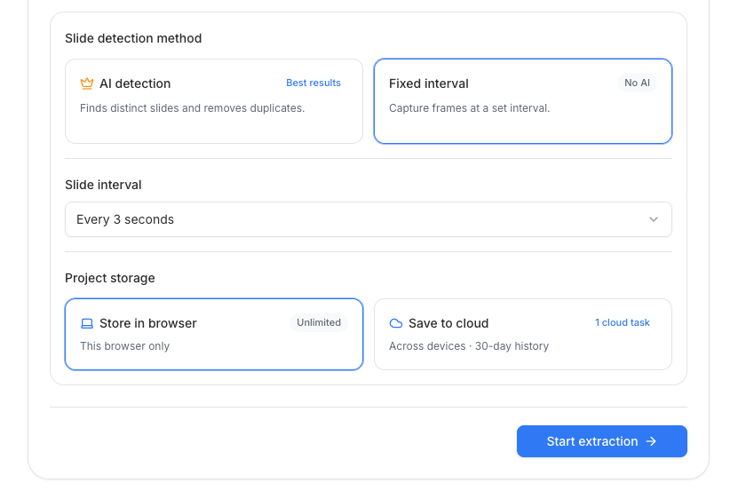 Fixed interval selected to capture a frame every three seconds and store the project in the browser
