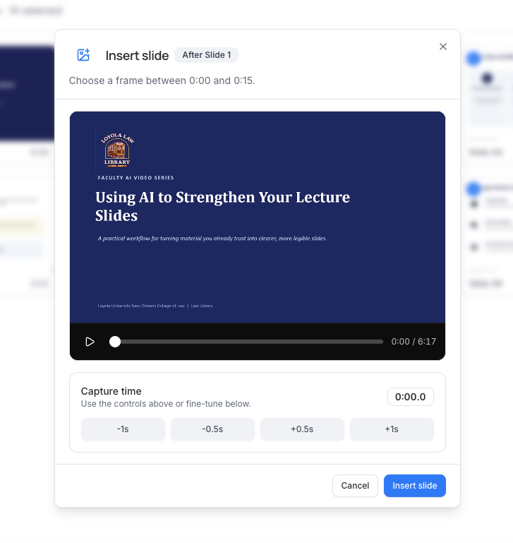 Insert slide dialog for choosing a missing lecture moment