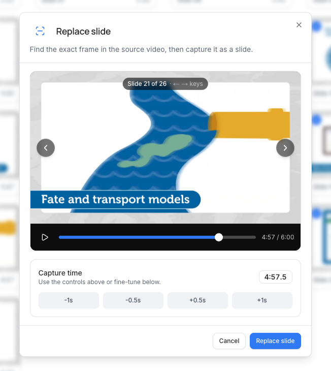 Replace slide dialog for selecting a clearer training-video frame