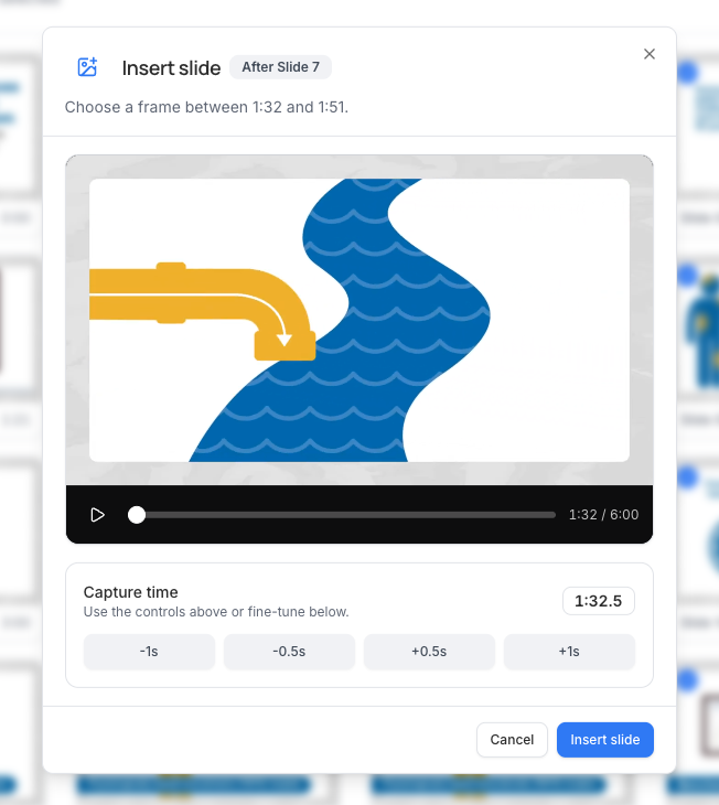 Insert slide dialog for selecting a missing training-video frame