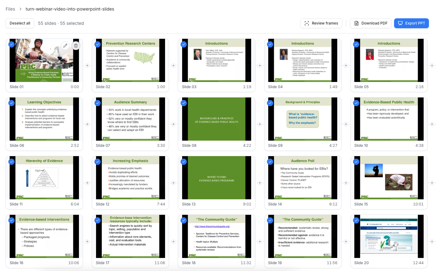 Fifty-five webinar slides ready for selection and review after AI detection