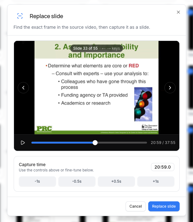 Replace slide dialog for choosing a clearer webinar frame at 20 minutes 59 seconds