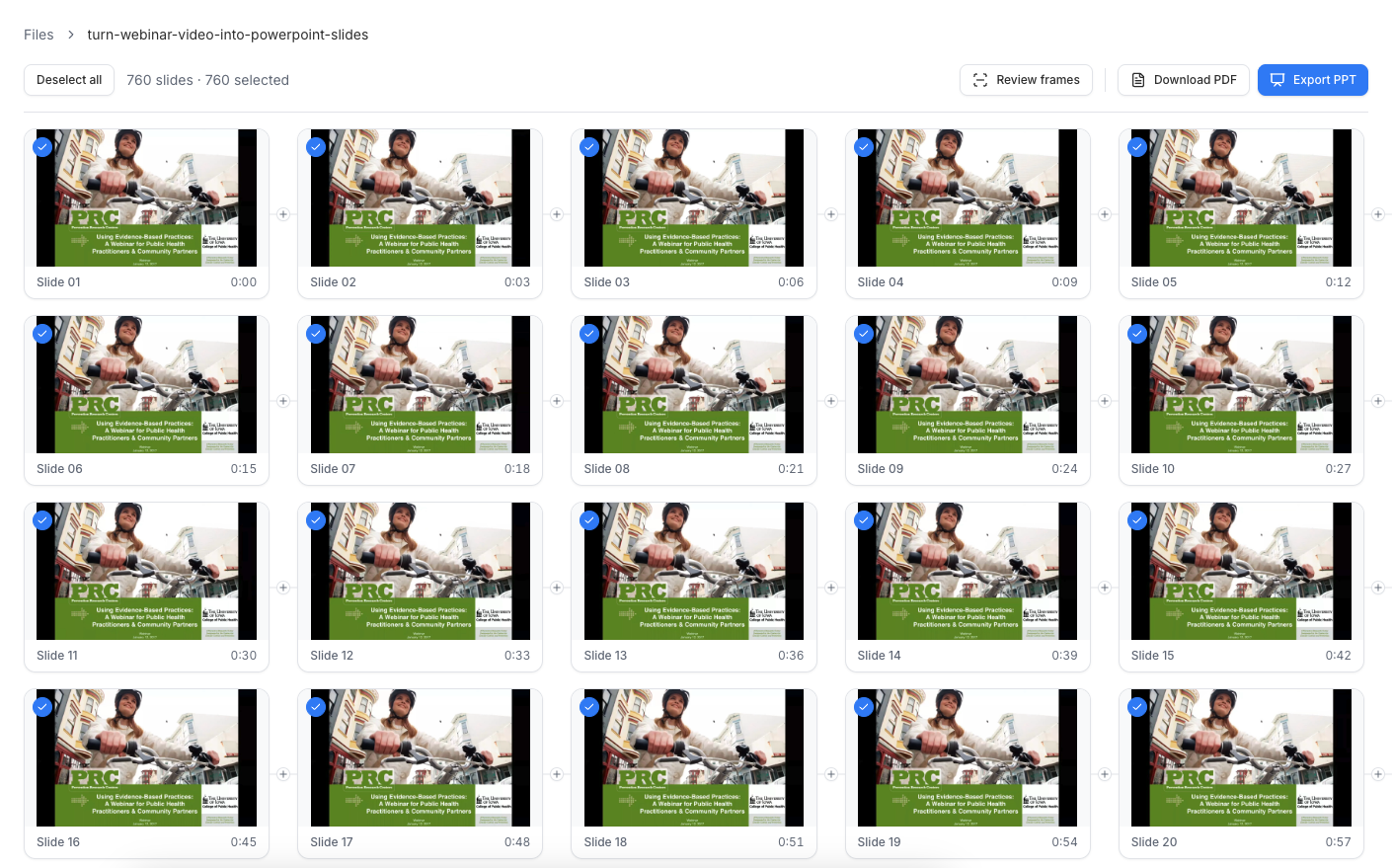 Fixed interval result containing 760 webinar frames with repeated title slides