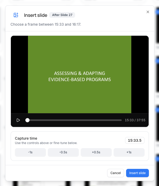 Insert slide dialog for adding a missing webinar section from the source timeline
